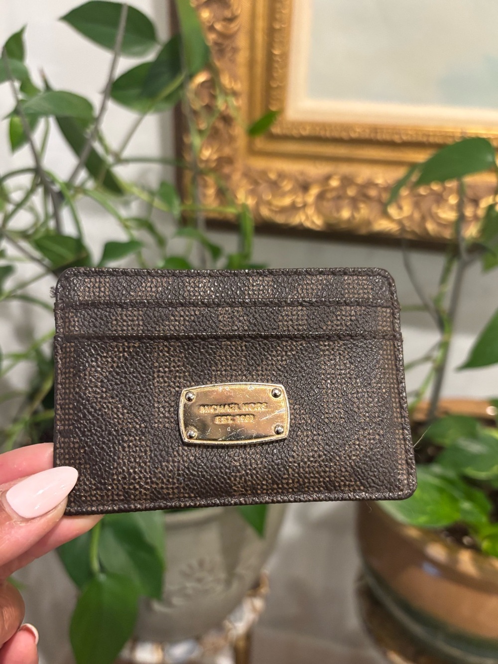 MICHAEL KORS Brown Leather Card Case with Gold Plaque